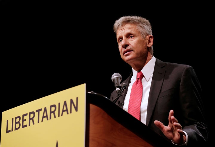 Libertarian Party presidential nominee Gary Johnson gives an acceptance speech during the National Convention in Orlando, Florida, Sunday.