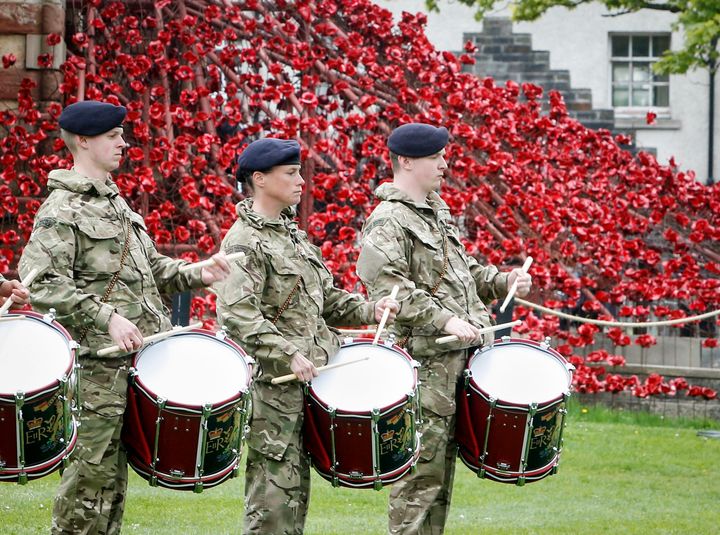 Member of the armed forces rehearse outside St Magnus Cathedral Orkney in Scotland, ahead of a commemoration of the Battle of Jutland