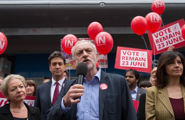 Jeremy Corbyn alongside former leader Ed Miliband at an EU referendum campaign rally last week