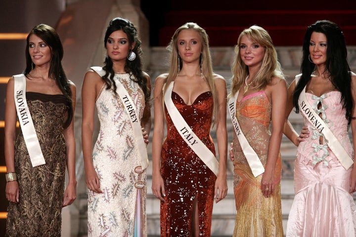 Miss Turkey 2006, Merve Buyuksarac, pictured second from the left, was sentenced to 14 months in jail for insulting President