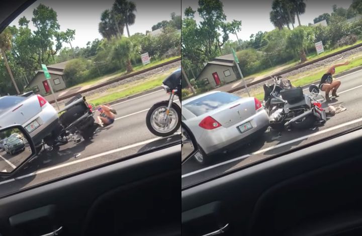 Video uploaded to YouTube shows the car driving over a motorcycle and then peeling away from the scene.