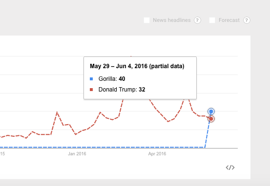 The relative searches for Gorilla and Donald Trump.