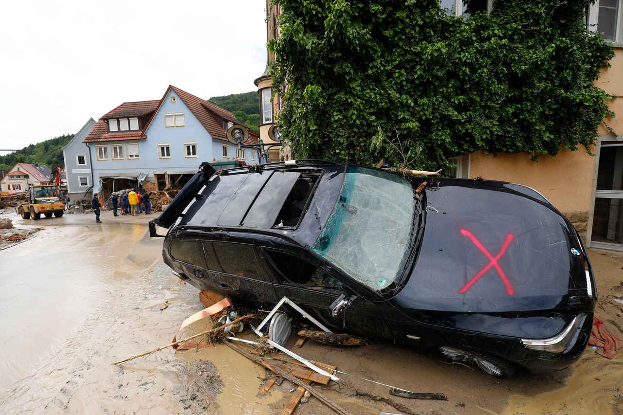 A damaged car is pictured Monday after floods in the town of Braunsbach, Germany.