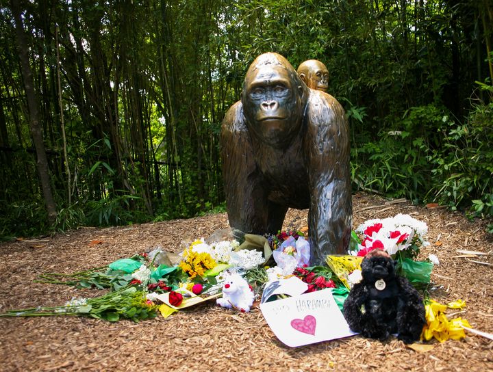 <strong>Tributes have been left by the bronze statue of Harambe following his death.</strong>