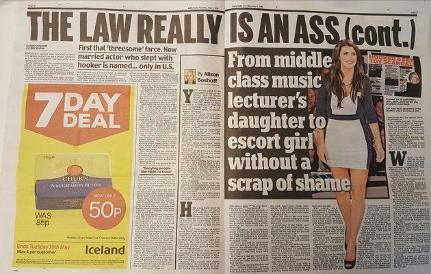 The Daily Mail’s double-page spread branded the law ‘an ass’ after British media were banned from naming the celebrity at the centre of another injunction