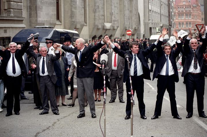 <strong>The Birmingham Six outside the Old Bailey in London after their conviction was quashed</strong>