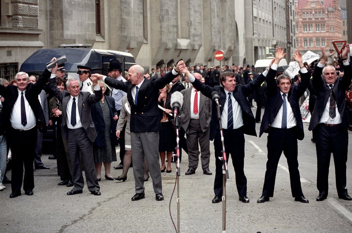 The Birmingham Six outside the Old Bailey in London after their conviction was quashed