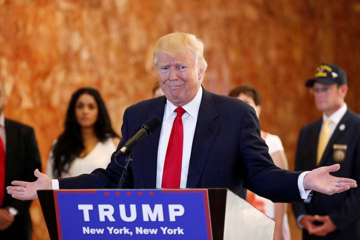 U.S. Republican presidential candidate Donald Trump addresses the media regarding donations to veterans foundations at Trump Tower in Manhattan, New York, on May 31, 2016.