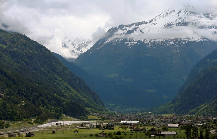 About 28.2 million tons of material were removed during the tunnel's 17 years of construction. The northern gates near the town of Erstfeld are seen.