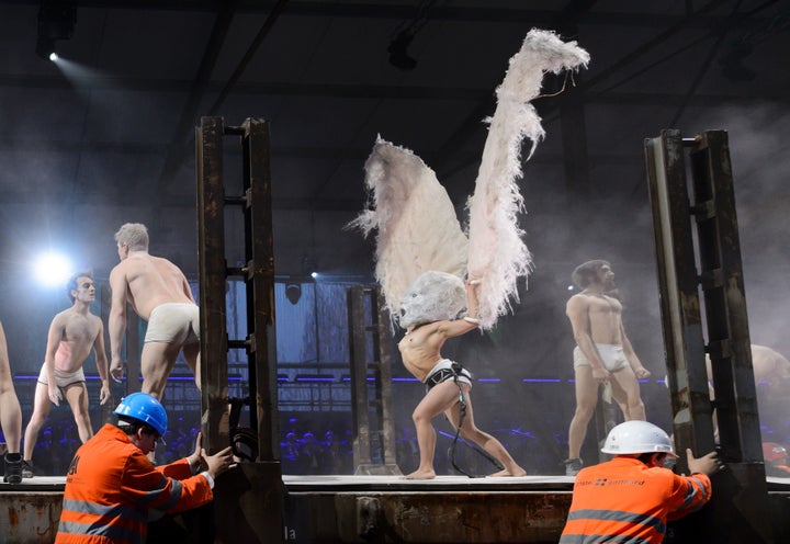 The performance included everything from this eagleman to what appeared to be dancing bales of hay.