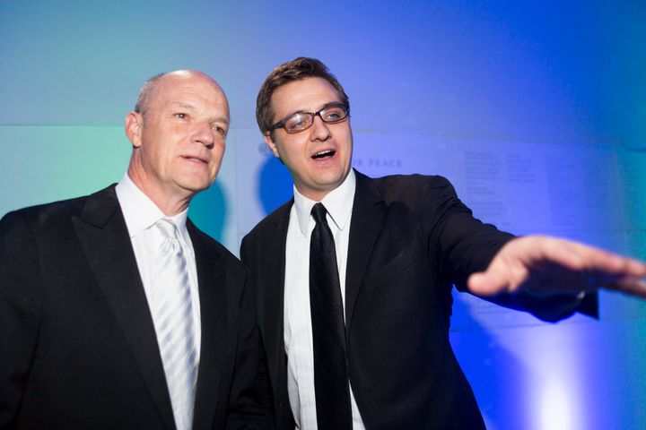 MSNBC host Chris Hayes, pictured alongside network President Phil Griffin, has lately been pulling double duty in daytime and primetime.