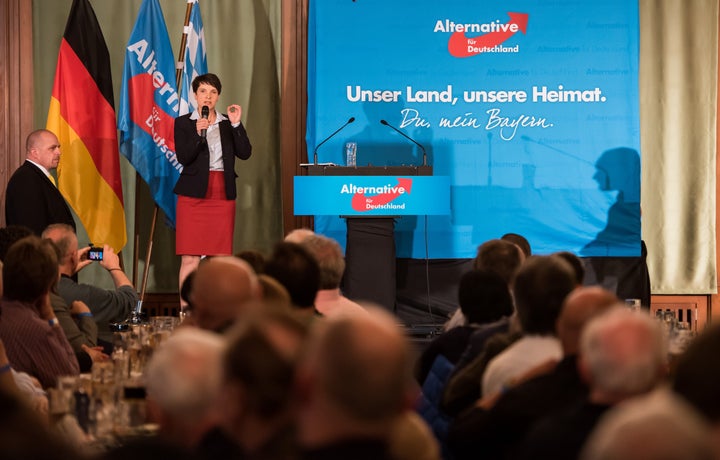 Frauke Petry, head of the right-leaning populist Alternative for Germany, AfD, political party, speaks during a gathering on May 13, 2016.