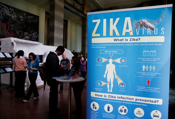A display about Zika prevention at the 69th World Health Assembly at the United Nations European headquarters in Geneva on May 23, 2016.