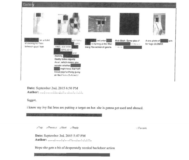 Redacted examples of online messages show harassment of the victim after she reported that Owen Labrie sexually assaulted her.