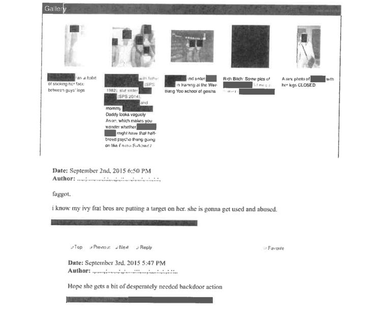 Redacted examples of online messages show harassment of the victim after she reported that Owen Labrie sexually ass