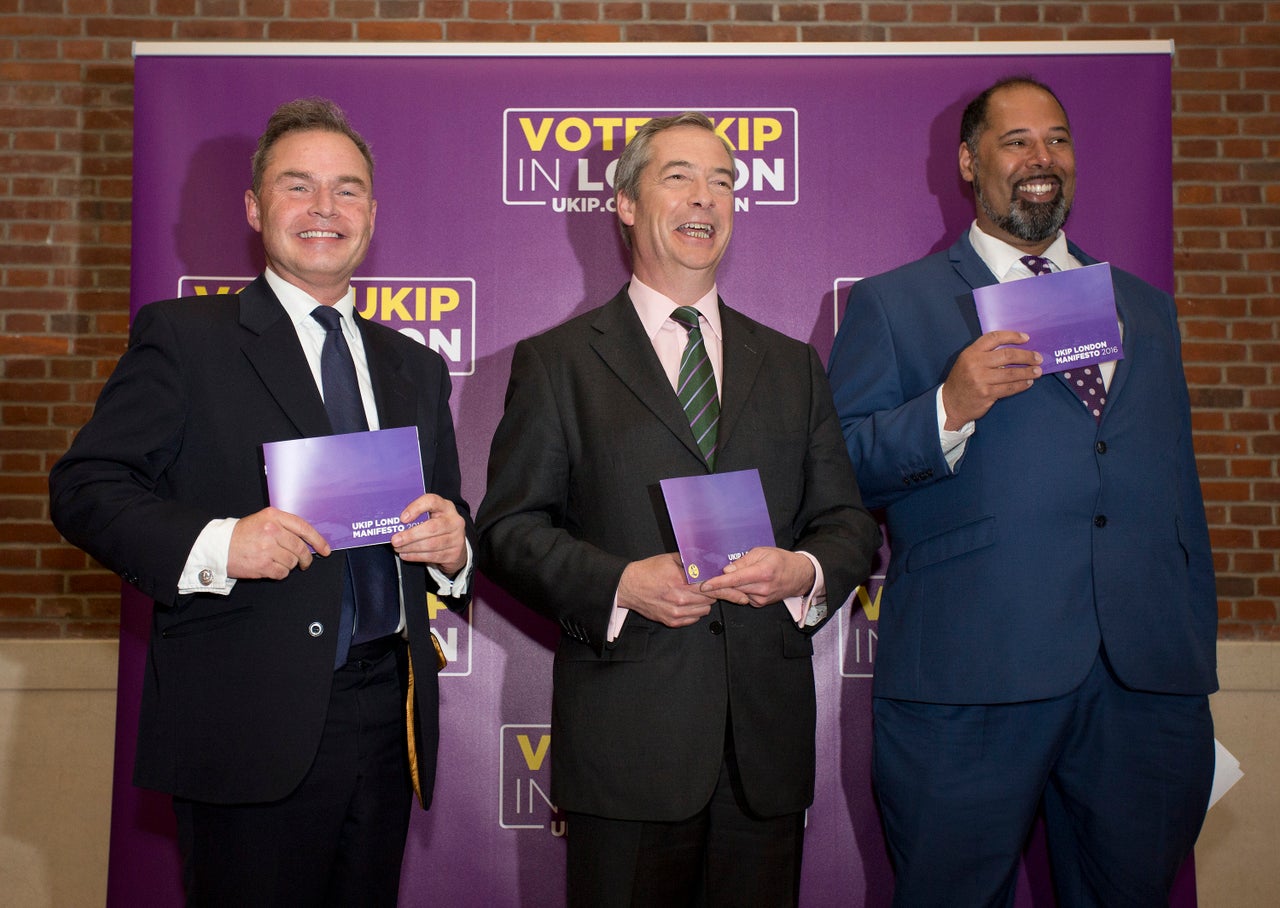 Ukip's two London Assembly Members Peter Whittle (left) and David Kurten (right) pose with leader Nigel Farage