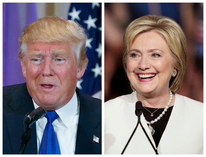 A combination photo shows Republican U.S. presidential candidate Donald Trump (L) in Palm Beach, Florida and Democratic U.S. presidential candidate Hillary Clinton (R) in Miami, Florida at their respective Super Tuesday primaries campaign events on March 1, 2016.