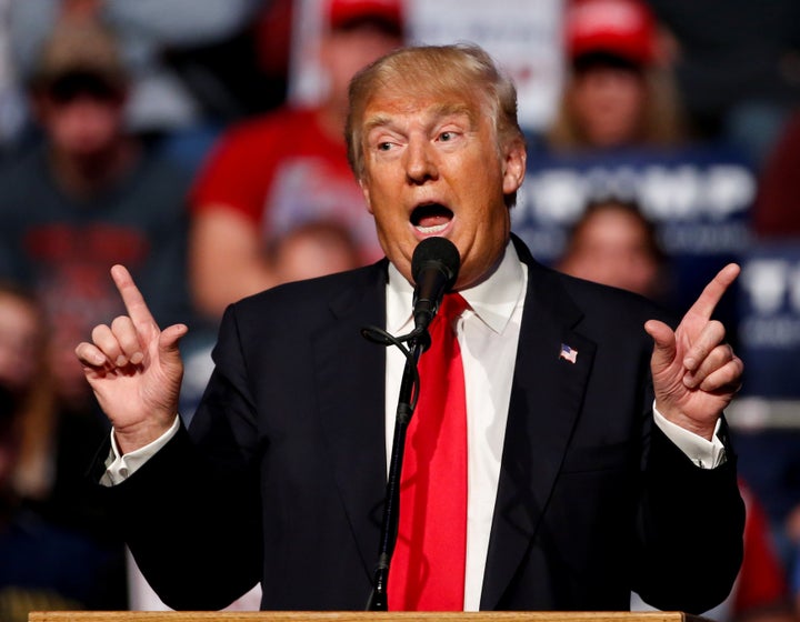 U.S. Republican presidential candidate Donald Trump speaks during a campaign rally at the Allen County War Memorial Coliseum
