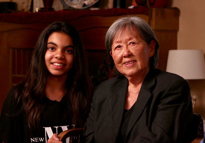 Zara Ahsan, 12, and Takako "Kit" Nishiura, 80, during the filming of "Letters From Camp." Nishiura was incarcerated as a child at the Gila River camp in Arizona.