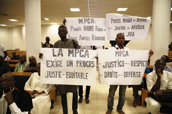 Protesters called for justice at the start of Habré’s trial on July 20, 2015.