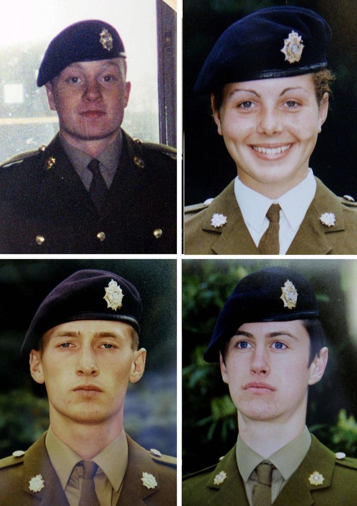 (Top L-R) Private James Collinson, 17 from Perth, Private Cheryl James, 18, from Llangollen, North Wales, Private Sean Benton from Hastings, East Sussex, and Private Geoff Gray from Seaham, Durham, who all died at Deepcut army barracks in Surrey