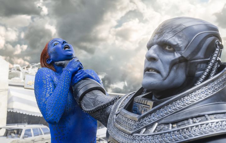 The poster depicts Apocalypse (actor Oscar Isaac) choking Jennifer Lawrence's character Mystique