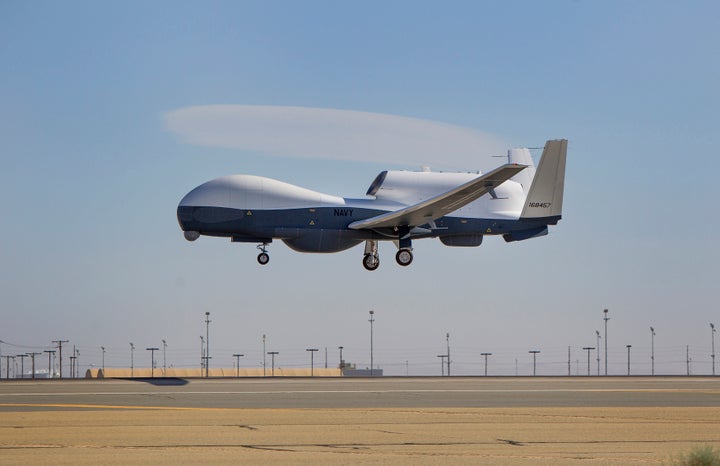 The Triton unmanned aircraft system completes its first flight from the Northrop Grumman manufacturing facility in Palmdale, California, in 2013. The Triton is designed for surveillance, not killing.