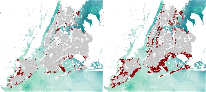 The red shading on maps created by Landscape Metrics show which areas of New York City would be underwater if sea levels