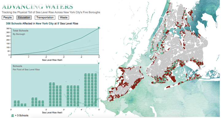 Landscape Metrics wanted to show how rising sea levels would affect New York City institutions and infrastructure, including schools.