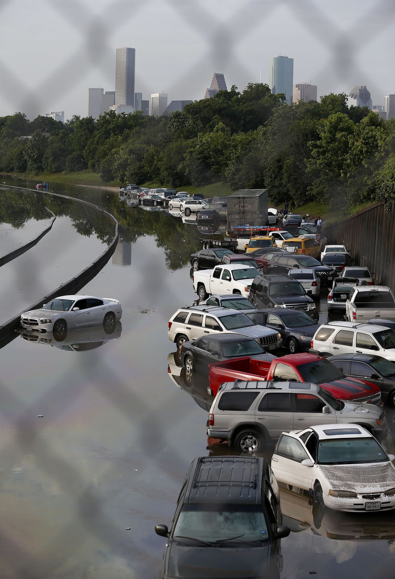 Vehicles stranded on Interstate 45 in Houston on May 26, 2015.