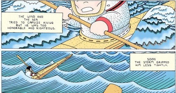 The late Jose Kusugak and Inuk graphic artist Germaine Arnaktauyok recount one of the many adventures of Kiviuq, the legendar