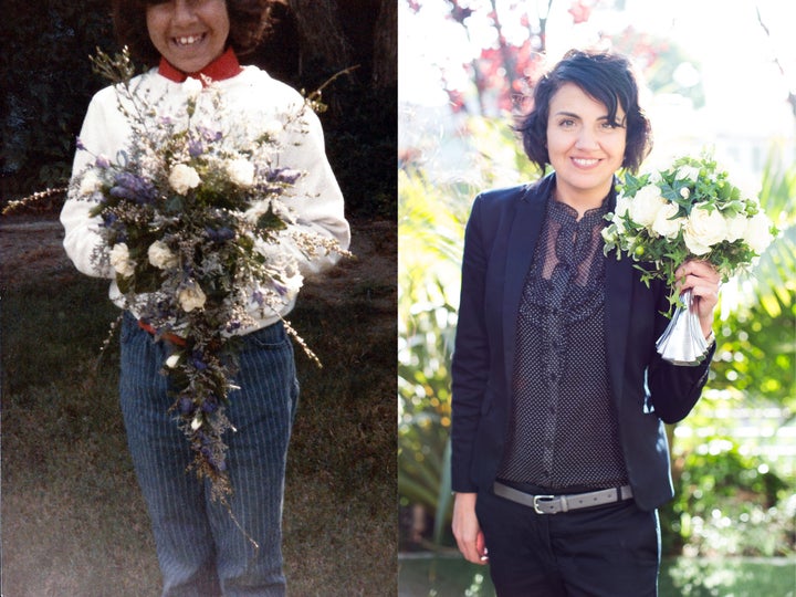 Huerta's mother worked as floral designer when she was growing up. On the left, a young Huerta holds one of her mother's bouquets. On the right, Huerta holding her own creation, the Boozy Bouquet.