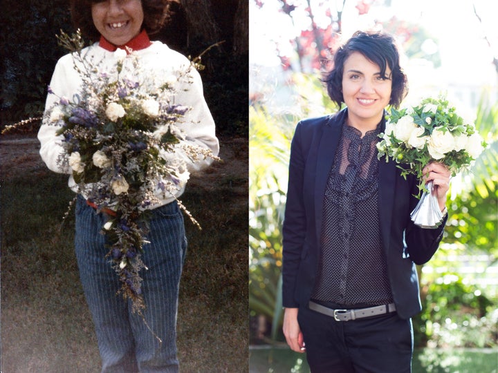 Huerta's mother worked as floral designer when she was growing up. On the left, a young Huerta holds one of her mother's bouquets. On the right, Huerta holding her own creation, the Boozy Bouquet. 