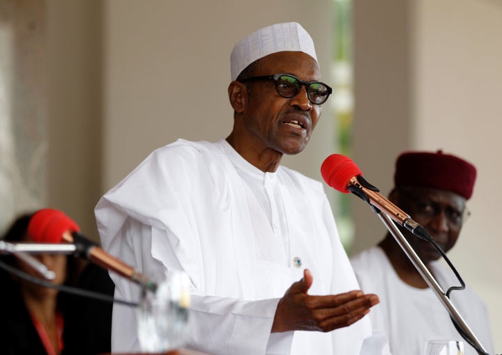 Nigerian President Muhammadu Buhari speaks at a joint news conference with his French counterpart Francois Hollande at the presidential villa in Abuja, Nigeria, May 14, 2016.