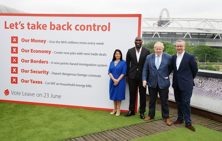 Priti Patel, former England footballer Sol Campbell, Boris Johnson and Michael Gove during at the rally