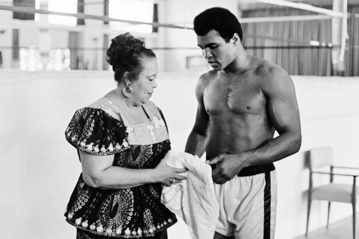 Muhammad Ali with his mother, Odessa Grady Clay, in Kinshasa, Zaire ahead of his championship fight in 1974.