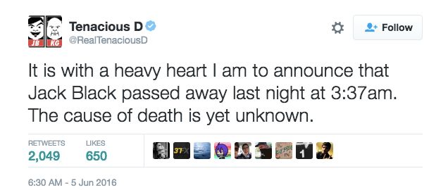 Rumors of Jack Black's death began circulating on social media Sunday after his band's Twitter account was hacked. 