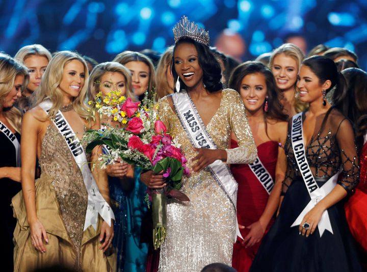 Deshauna Barber (C) of the District of Columbia celebrates with other contestants after being crowned Miss USA 2016 during the 2016 Miss USA pageant at the T-Mobile Arena in Las Vegas on Sunday.