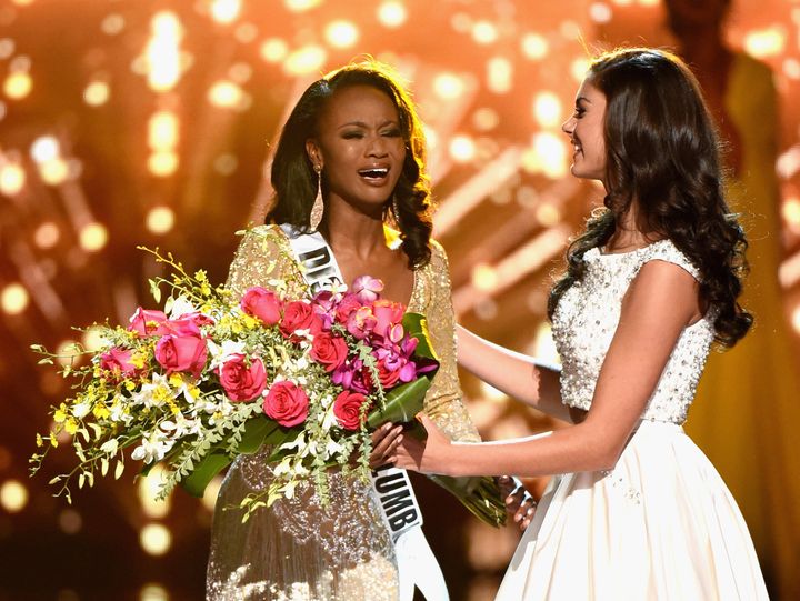 Miss District of Columbia USA 2016 Deshauna Barber (L) is congratulated by Miss Teen USA 2016 Katherine Haik.