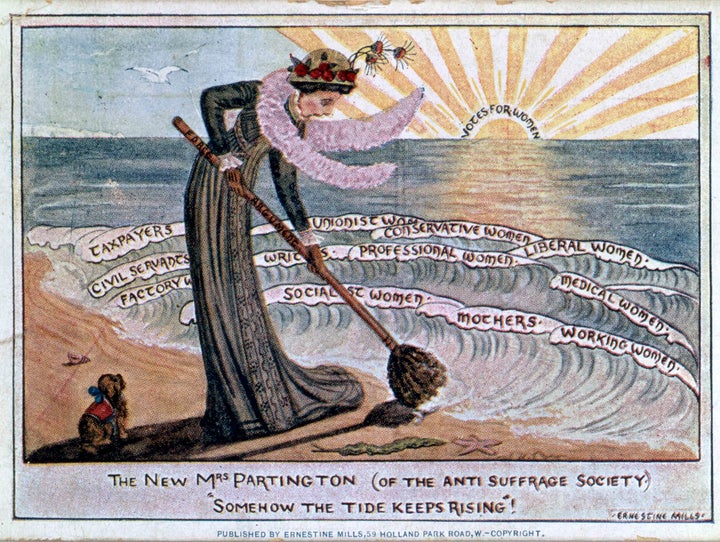 One of the artworks that inspired Mary Branson. Mrs Partington was a figure used to belittle women but is portrayed here as struggling to sweep back the advances women in employment and politics with a broom.