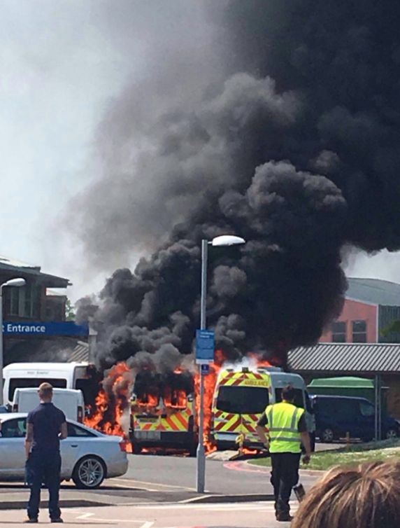 <strong>Three ambulances caught fire at Surrey East Hospital.</strong>