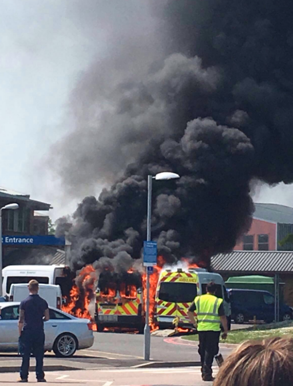 Three ambulances caught fire at Surrey East Hospital.