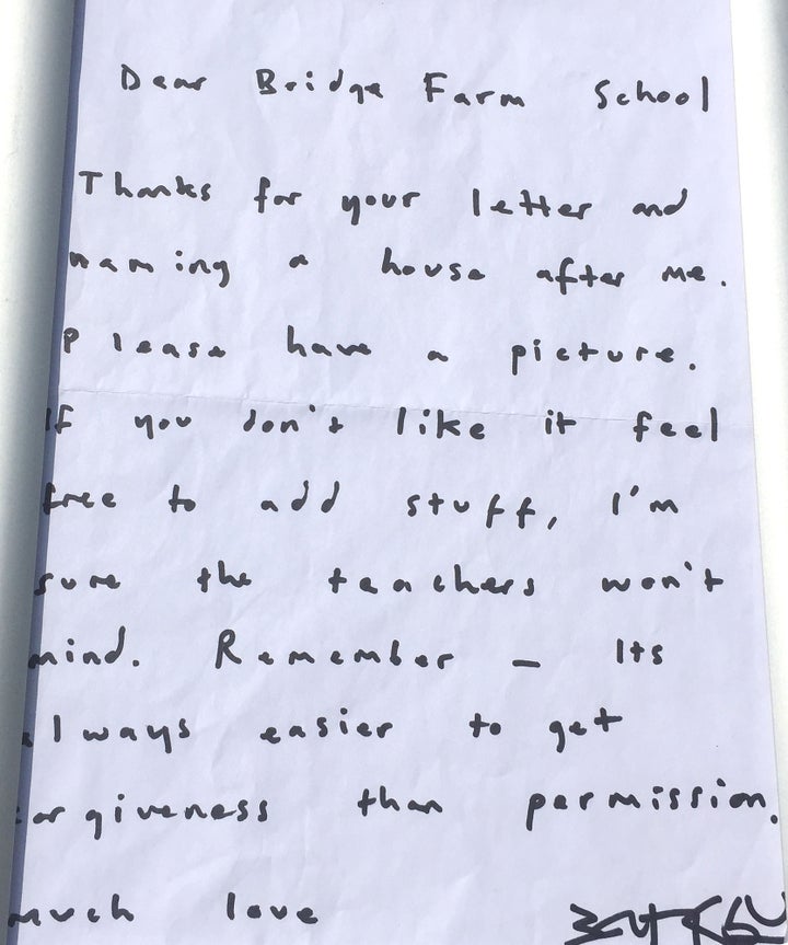 Along with the artwork, the school's staff found a handwritten letter from Banksy that thanked them for naming a school house