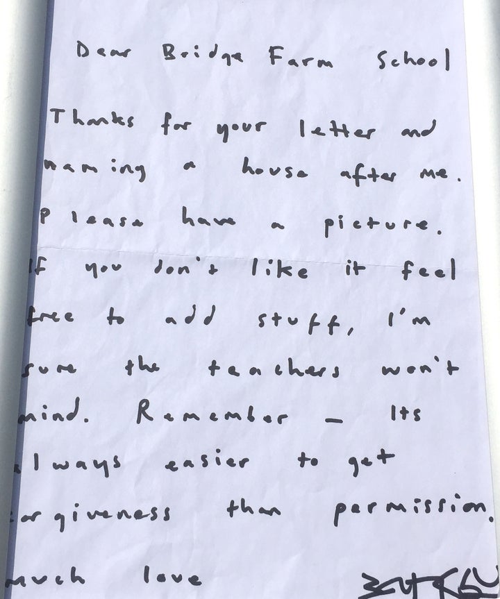 Along with the artwork, the school's staff found a handwritten letter from Banksy that thanked them for naming a school house after him.