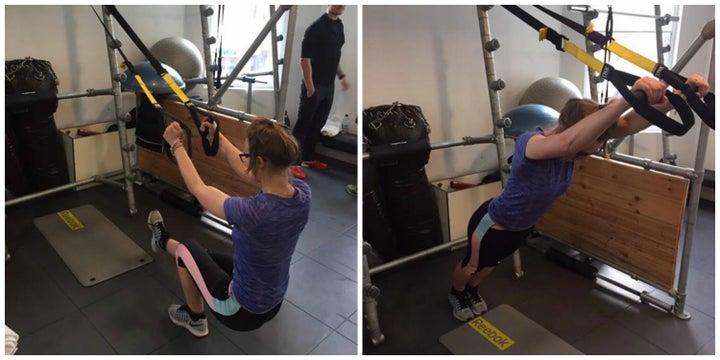 Left: TRX single-legged squat. Right: TRX rollout. 