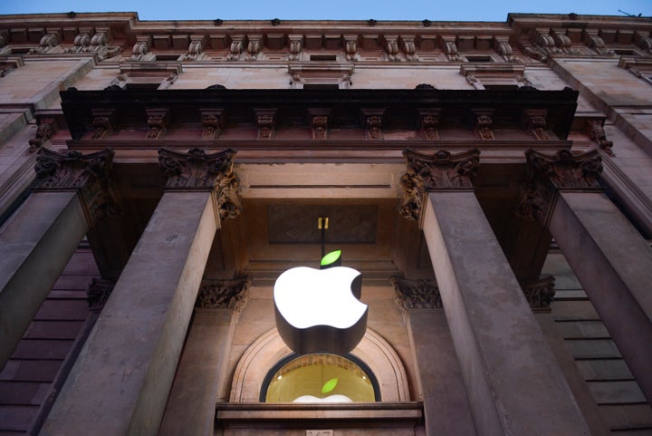 The Apple Store logo leaf is turned green on Earth Day 2015 in Glasgow, Scotland.