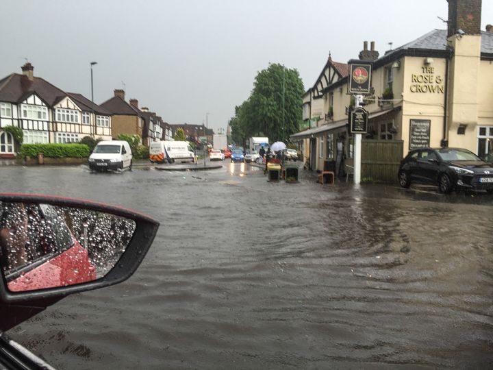 A flooded street in Wallington 