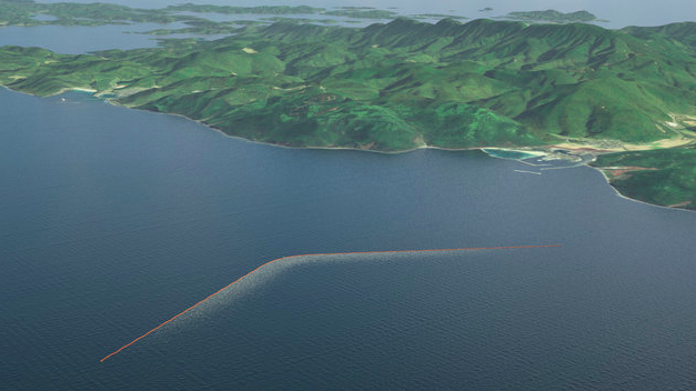 A mock-up of the Ocean Cleanup's ocean barrier that hopes to clean up the world's seas.