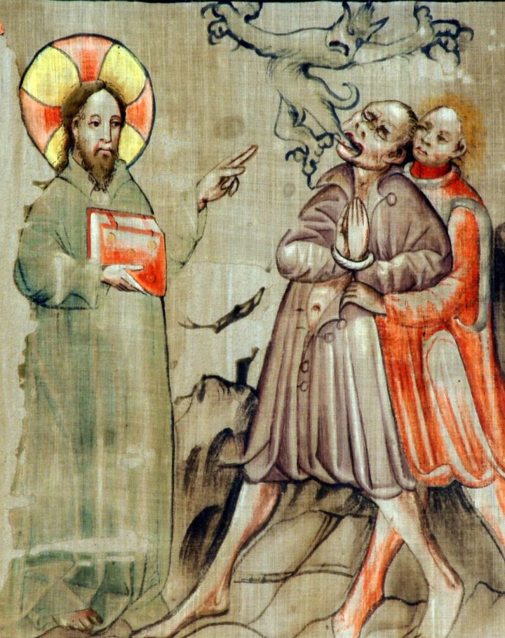 Jesus Christ dispossesses - illustration from a section of the abstinence cloth in the Cathedral of Gurk, Carinthia, Austria, 1458.