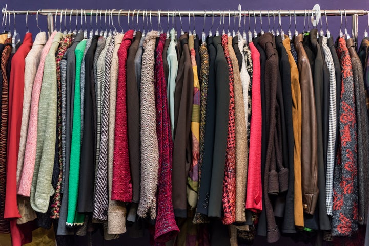 Women's jacket selection in a thrift shop. 